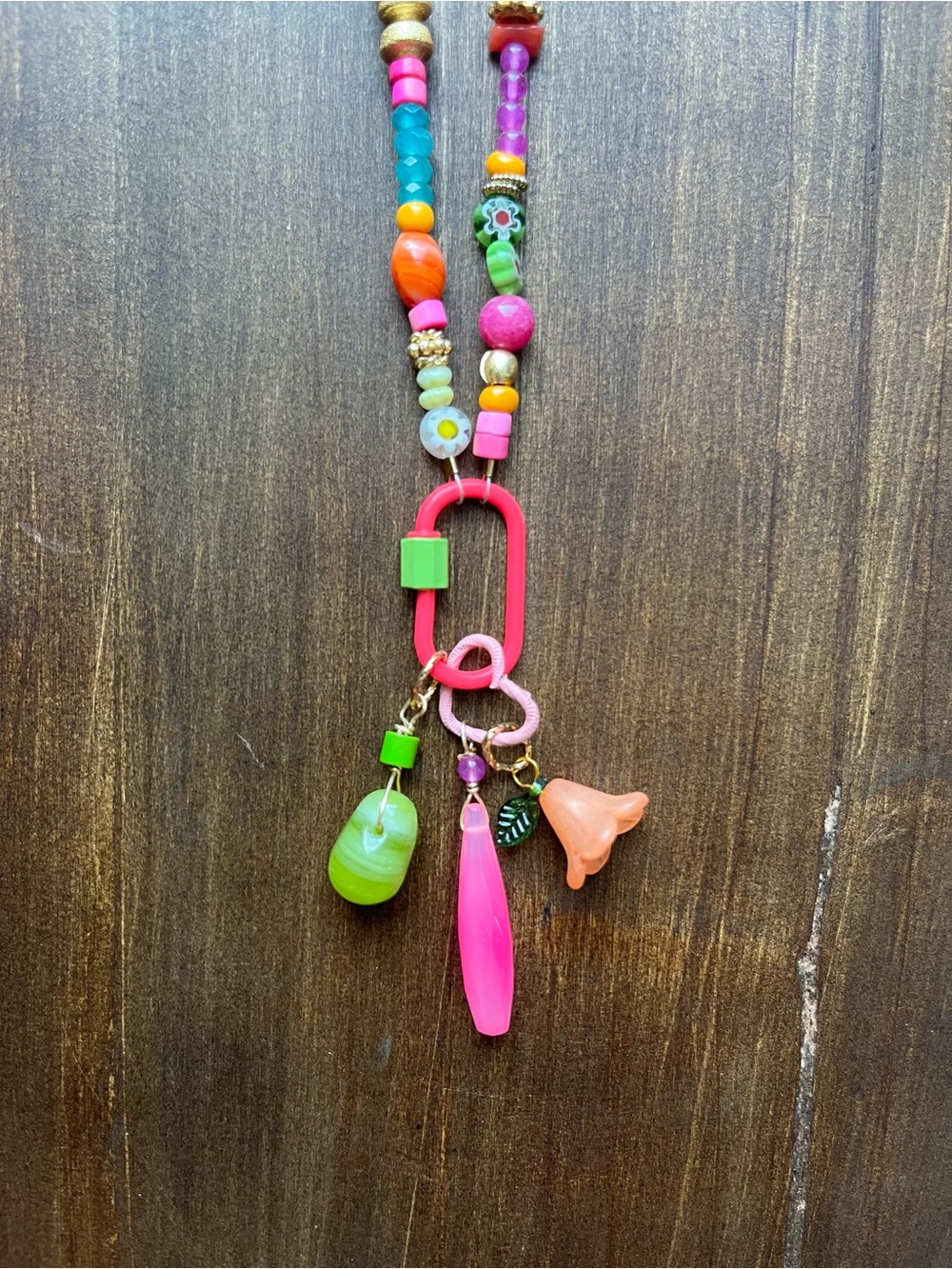 New Colorful Bead Charm Necklace - Pink & Green